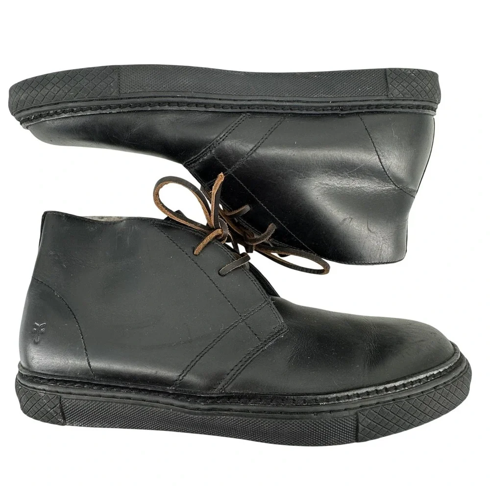 Frye Chukka Boots Mens 10.5 Black Leather Shearling Lined Utility Minimalist‎